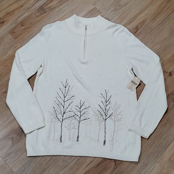 🔹️NWT Coldwater Creek Cream Bead & Embroider Zip Mock Sweater Medium - Picture 1 of 8